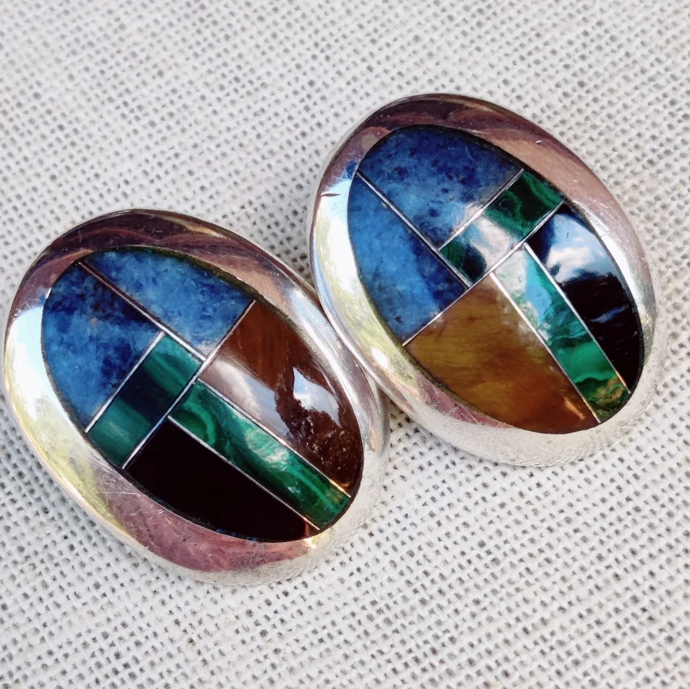 Vintage heavy 950 fine silver Mosaic taxco signed stone earrings - Picture 4 of 15